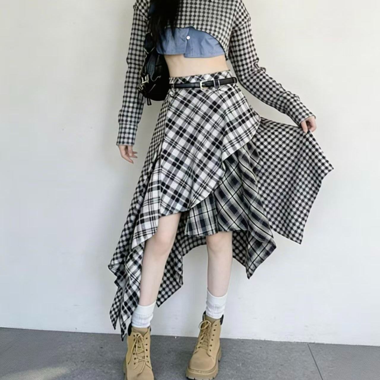 不规则格子半身裙女高腰显瘦中长半身裙