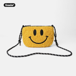 freein多巴胺黄色笑脸包治愈系毛绒斜跨包女夏季 轻便手机包 新款