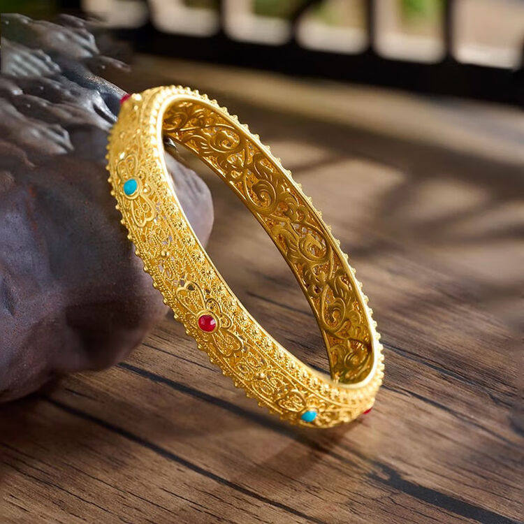 足金包银镂空手镯黄金999足古法花丝镶钻送女友妈妈礼物