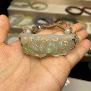 纯手工雕刻天然和田玉翠青连年有余手牌男女款手绳手牌手链