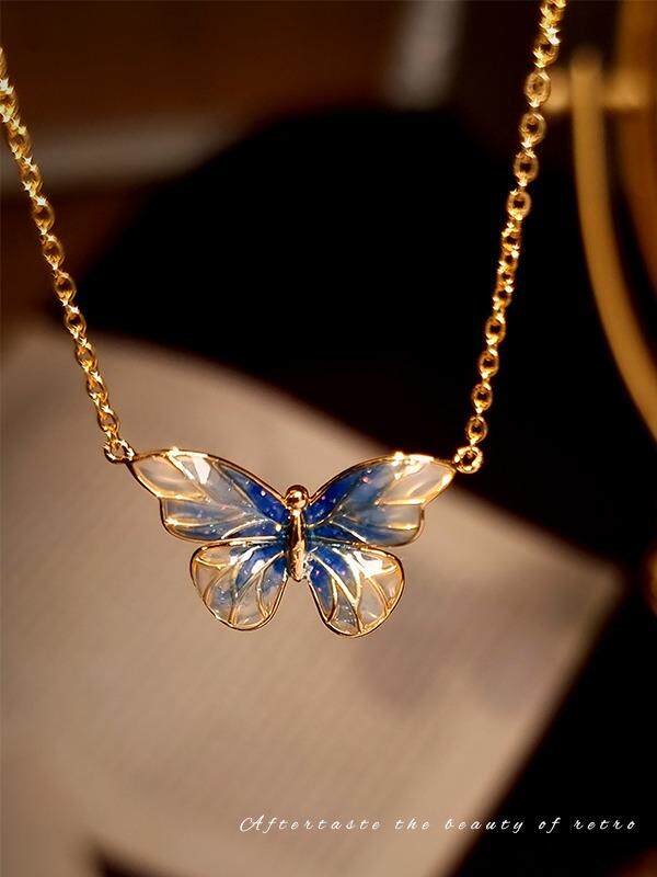 BLUE MORPHO 빈 창 에나멜 나비 목걸이 반지 귀걸이 봄 새로운 빈티지 복고풍 디자인 귀걸이