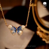 蓝闪蝶空窗珐琅蝴蝶项链戒指耳环春日新品 耳饰 vintage复古设计款