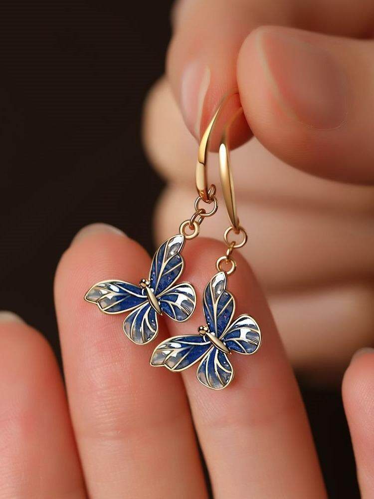 BLUE MORPHO 빈 창 에나멜 나비 목걸이 반지 귀걸이 봄 새로운 빈티지 복고풍 디자인 귀걸이