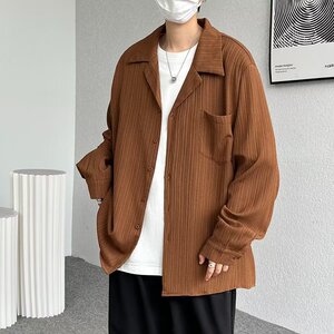 古巴领克莱因蓝衬衫复古休闲宽松垂感长袖肌理感坑条衬衣 C46P40图片