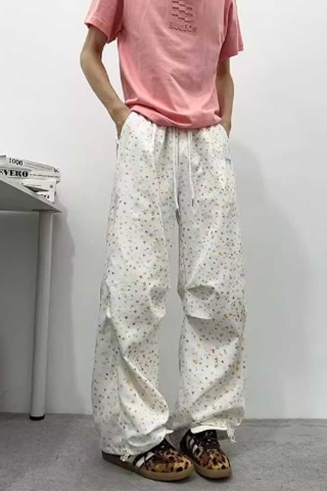满印阔腿运动男夏季宽松褶皱伞兵甜美慵懒垂感直筒休闲裤K8031P38图片