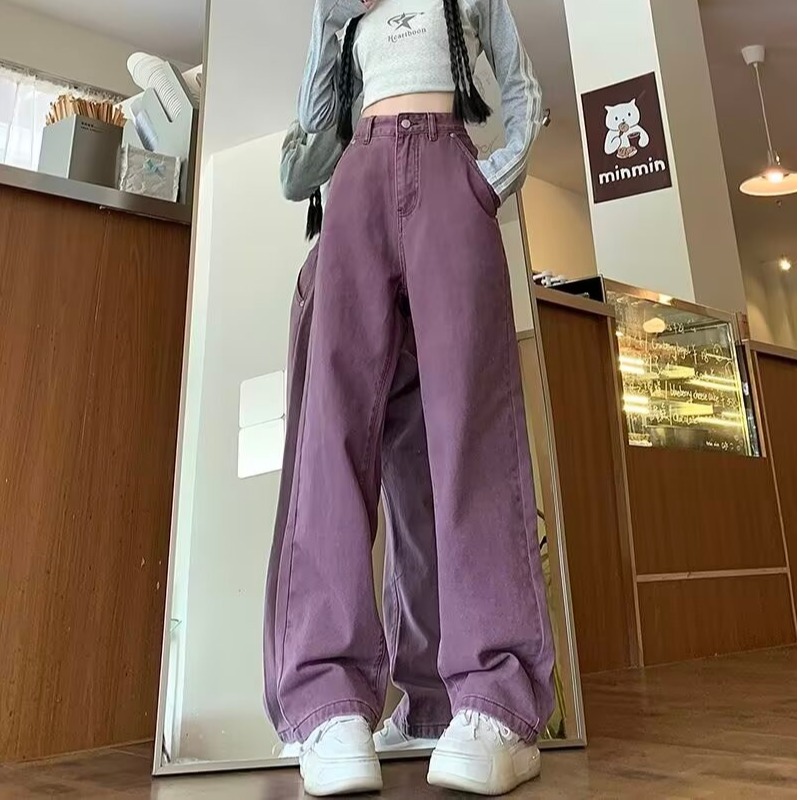 紫红色工装牛仔裤男女夏季薄款复古哈伦直筒微喇阔腿裤子NK703P40图片