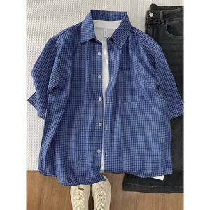 夏网红翻领细格子衬衫男短袖外套薄款透气美式炸街个性T恤C825P35，男装衬衫，星座1013-2