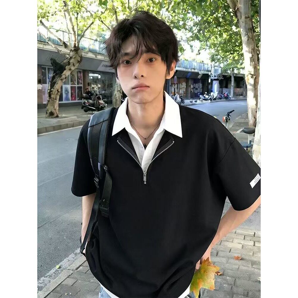 假两件短袖男款POLO衫夏解构拼接正肩半袖青少年半拉炼T恤T390P38,男装Polo衫,星座1013-2