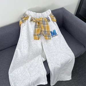 美式街头绑带可拆卸格子拼接休闲裤宽松直筒阔腿弯刀长裤K8076P55，女装休闲裤，星座1013-2