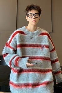 秋冬新款韩版复古撞色条纹针织衫男女宽松休闲慵懒风毛衣M5724P58图片