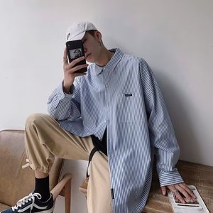 百搭青春流行原宿长袖文艺潮流夏季衬衫简约男方领ins潮 C325P38图片