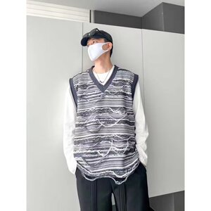 冬季青少年V领针织背心男韩版潮流百搭坎肩宽松马甲无袖M5679P50图片