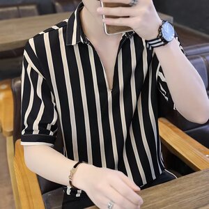 衬衫男士短袖潮流竖条纹痞帅五分中袖衬衣服港风夏季薄款 C44PP40图片