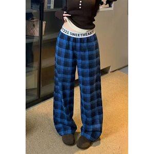 欢简韵高级感格子裤子女春秋季休闲宽松高腰小个子阔腿裤K8136P40图片