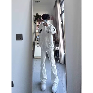 潮AR刺绣卫衣灰白重磅银狐绒立挺美式连帽宽松上衣男女W307P45图片