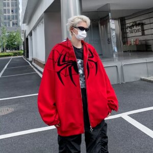 蜘蛛开衫卫衣男刺绣植绒小众外套高街宽松情侣上衣夹克JK601P75,红色卫衣搭配什么颜色外套男图片图片