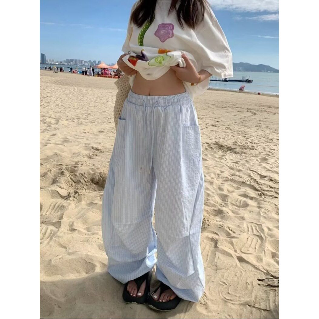 蓝色条纹阔腿裤女夏天褶皱松紧腰显瘦慵懒宽松直筒休闲裤K8128P55,女装休闲裤,星座1013-3