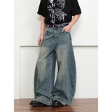 夏复古水洗做旧新款阔腿牛仔裤男女解构廓形设计感弯刀裤NK725P50，女装牛仔裤，星座1013-2