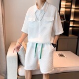 休闲套装男士夏季潮牌痞帅宽松短袖衬衫搭配一套男装两件套A83P55，男装休闲套装，星座1013-2