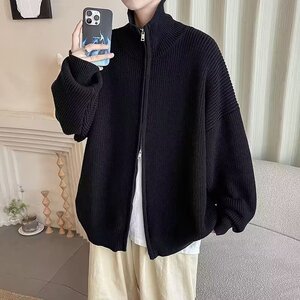 常规翻领纯色宽松型长袖大码针织开衫春秋宽松半高领外套M5653P55图片