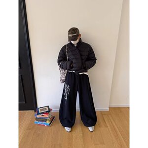 高街复古图腾印花飘带跳舞休闲裤男女cleanfit宽松弯刀裤K8109P48图片