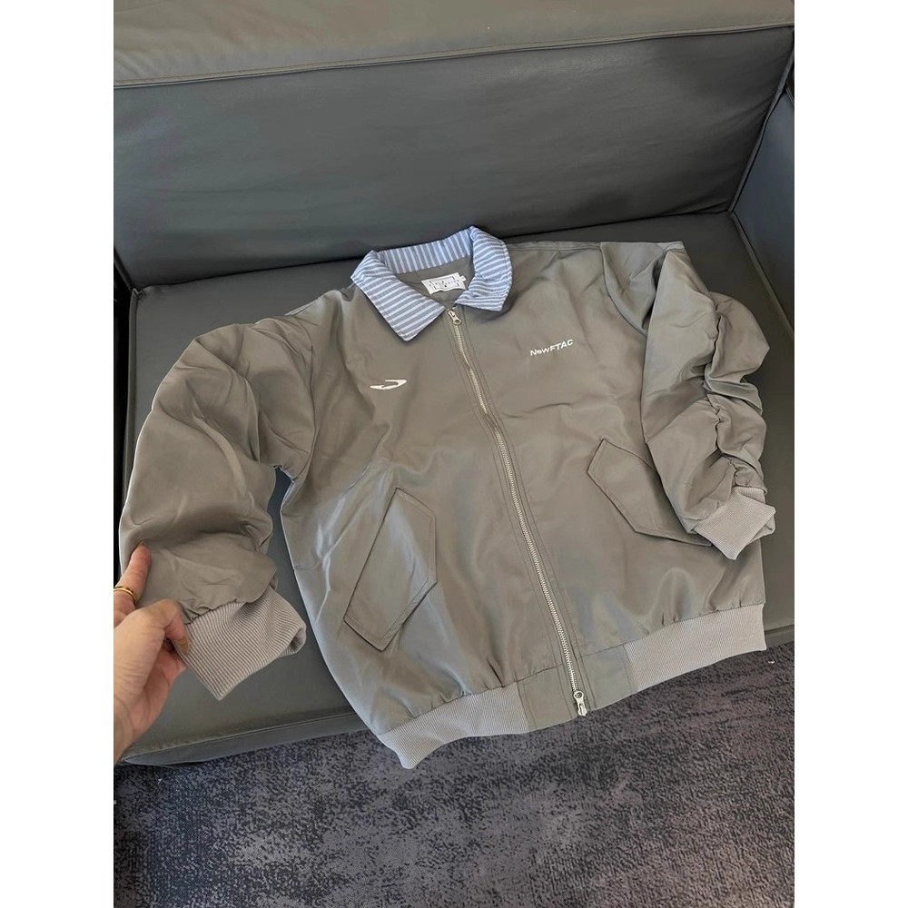 条纹拼接假两件棒球服外套男款美式翻领短款飞行夹克JK314P65，男装夹克，星座1013-2