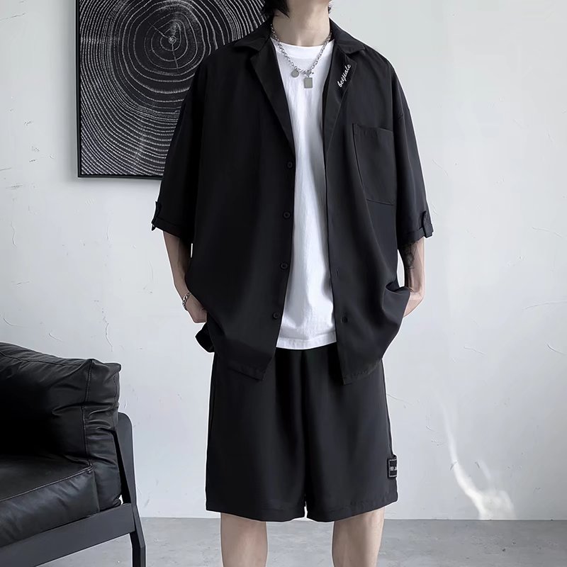 夏款男士青少年港风运动套装短袖衬衫短裤休闲时尚两件套A52P55,男装休闲套装,星座1013-2
