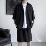 夏款男士青少年港风运动套装短袖衬衫短裤休闲时尚两件套A52P55，男装休闲套装，星座1013-2