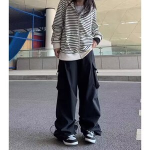 复古美式休闲工装长裤女装秋季新款松紧腰白色阔腿裤 K978P60图片