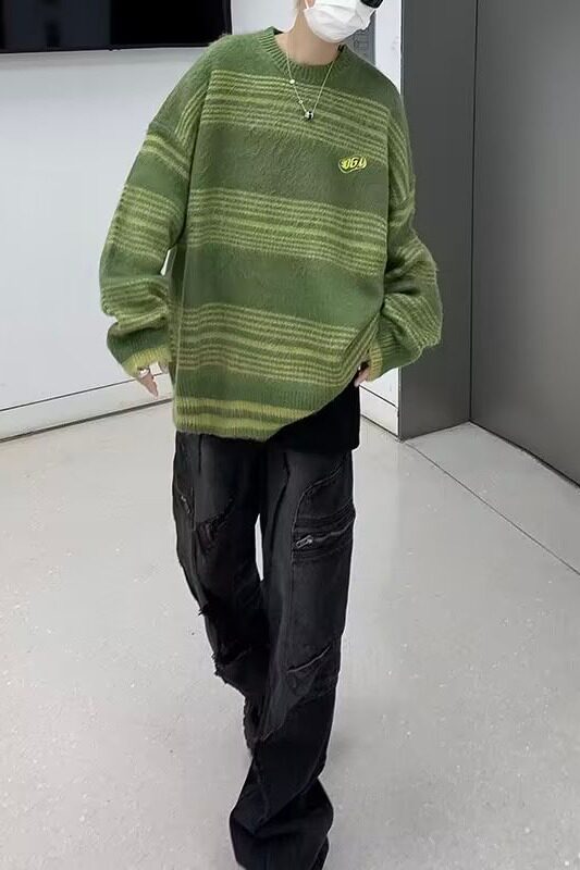 复古撞色条纹毛衣秋冬街头潮牌男女慵懒风宽松套头针织衫M571P60,男装针织衫/毛衣,星座1013-2