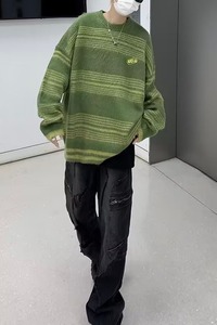 复古撞色条纹毛衣秋冬街头潮牌男女慵懒风宽松套头针织衫 M571P60图片