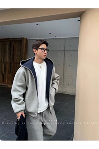 双拉链连帽卫衣外套男秋冬痞帅休闲外套加厚撞色情侣开衫JK280P58图片