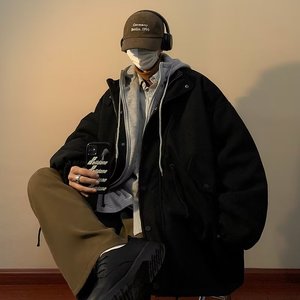 秋冬男士休闲中长款青少年港风宽松毛呢假两件外套夹克潮 M718图片