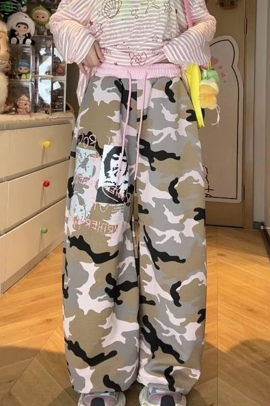 设计感解构多口袋迷彩弯刀工装裤男女阔腿拖地休闲裤潮K8158P50,女装休闲裤,星座1013-3