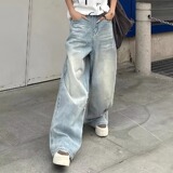 街头浅色做旧抓痕水洗牛仔裤大码女复古直拖地筒阔腿裤潮NK728P55，女装牛仔裤，星座1013-2