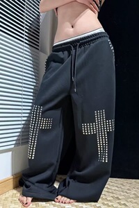 美式复古黑色铆钉烫钻工装休闲裤女高街宽松垂感阔腿裤子K8114P55图片