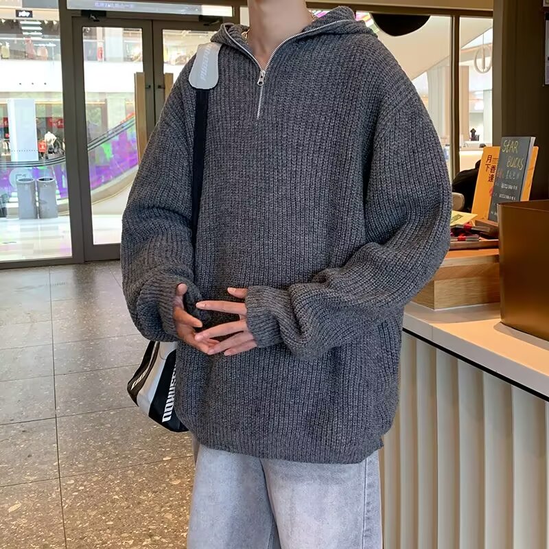 秋冬高级感半拉链连帽毛衣男宽松韩风休闲百搭针织衫潮牌M6516P55图片