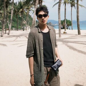 美式复古老钱风古巴领衬衫男夏薄款潮流高级感镂空针织衬衣C04P45图片