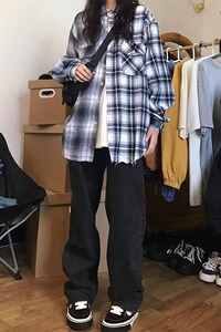 潮流百搭长袖单排多扣气质ins文艺通勤格子方领衬衫简约 CS39P45图片