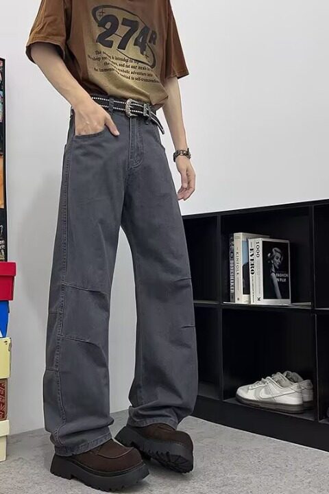 美式复古牛仔阔腿多口袋工装裤男女直筒宽松感休闲弯刀裤K127P58,男装牛仔裤,星座1013-2