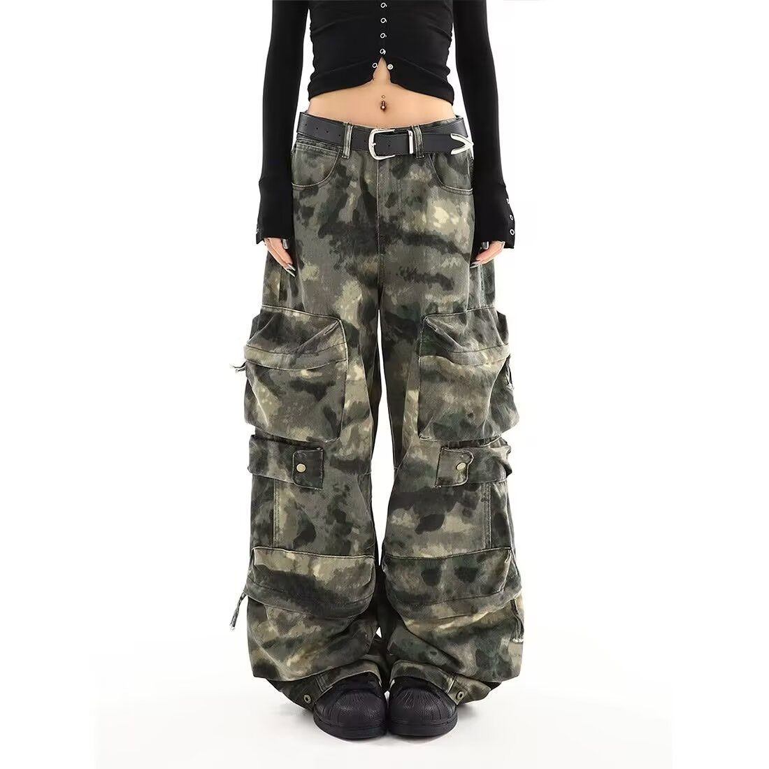复古迷彩工装裤男女街头痞帅宽松百搭休闲阔腿裤长裤高街NK732P78，女装牛仔裤，星座1013-2
