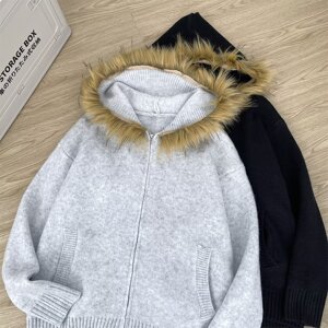 气质秋冬季复古座山雕毛领外套男女小众设计感工装毛衣潮M418P75图片