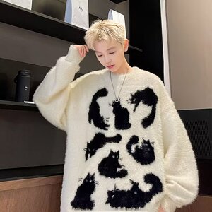 复古设计感猫咪圆领毛衣男秋冬季情侣小众软糯百搭针织衫M5718P58图片
