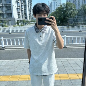 翻领POLO衫短袖男夏季千鸟格拼接少年感学生宽松休闲T恤T387P30图片