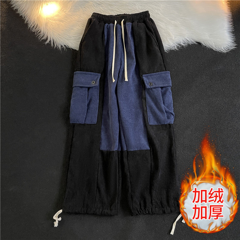 冬港风男士青少年宽松休闲长裤个性束脚拼接裤灯芯绒裤绒图片
