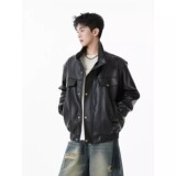 高街机车服皮夹克外套男宽松休闲防风痞帅短款立领pu皮衣PY804P65，男装皮衣，星座1013-2