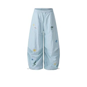 夏季款趣味刺绣阔腿裤女宽松抽绳松紧腰显瘦弯刀裤休闲裤K8152P48，女装休闲裤，星座1013-3