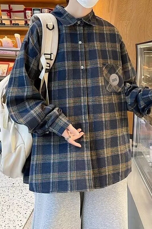 复古格子衬衫男女秋季款宽松长袖衬衣情侣格纹外套ins潮流CS51P38,男装衬衫,星座1013-2