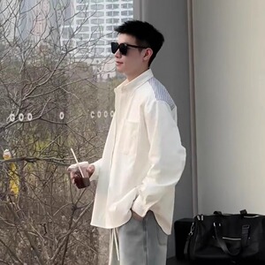 春季文艺风撞色拼接翻领衬衫男士休闲衬衣宽松情侣款长袖C429P40图片