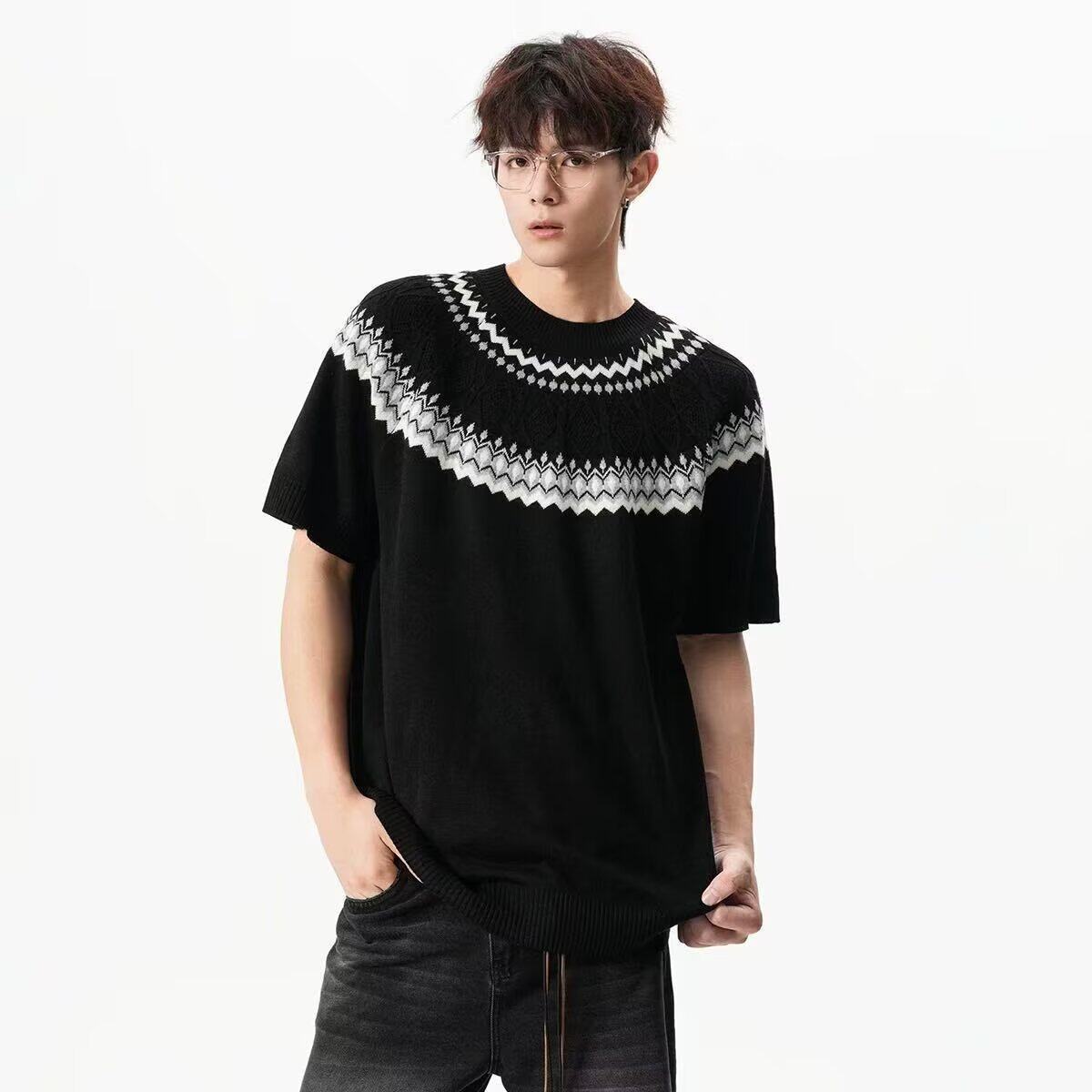 民族风提花复古针织短袖上衣男士日系潮牌休闲百搭半袖T恤T627P43，男装T恤，星座1013-2